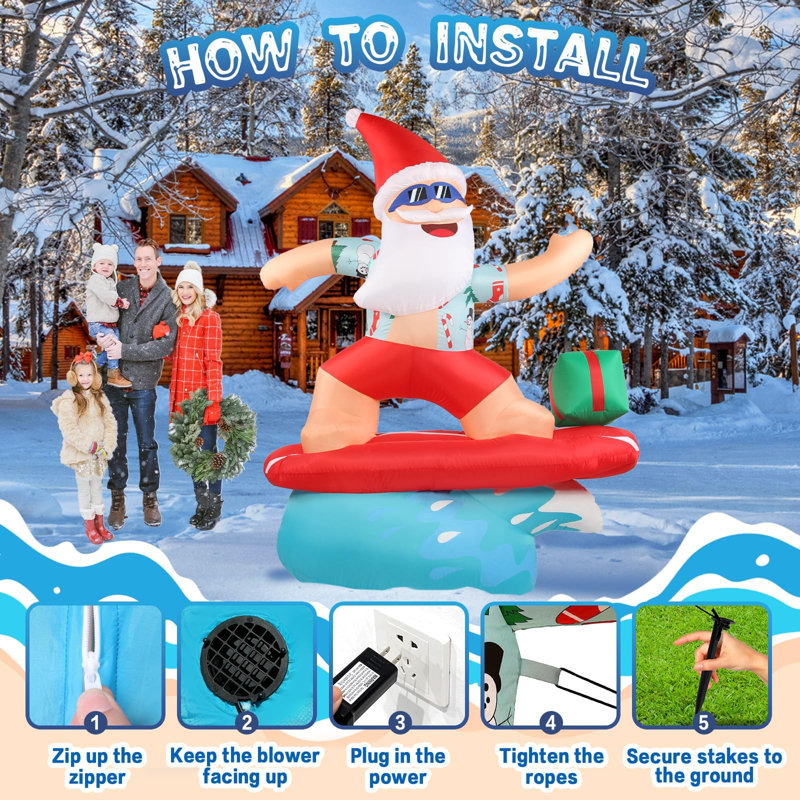 Christmas Inflatable Surfing Santa hot (7ft Tall)